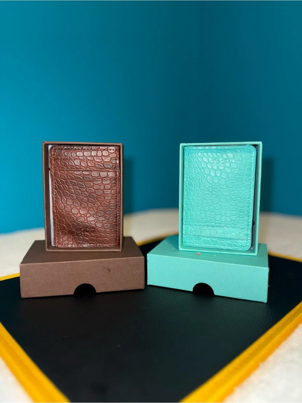 Leather Card Holder Wallet - Brown and Turquoise